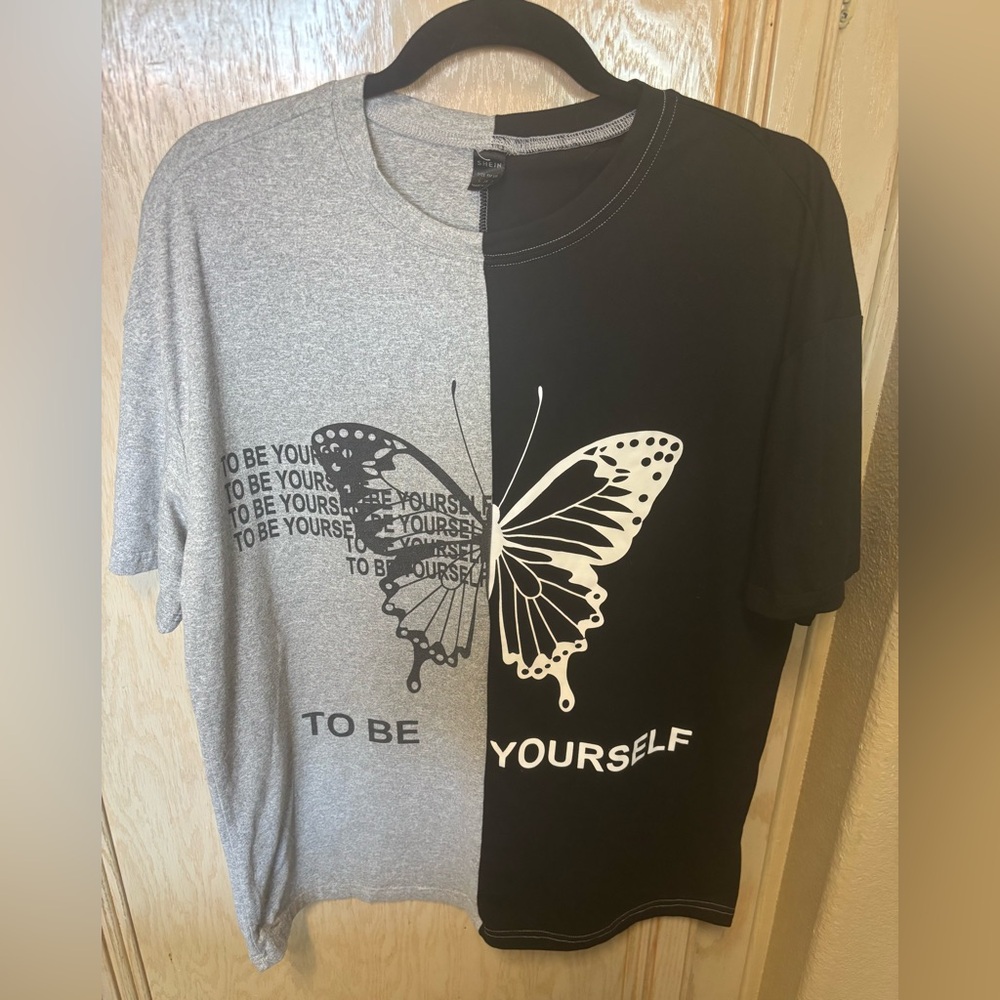 SHEIN Gray and Black Butterfly Graphic Tee